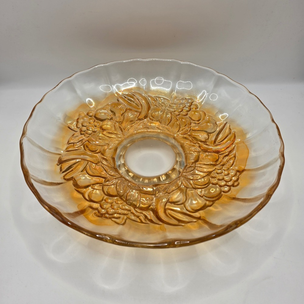 Vintage Pedestal Glass Bowl Marigold Iridescent Fruit Harvest Scalloped MCM 12"